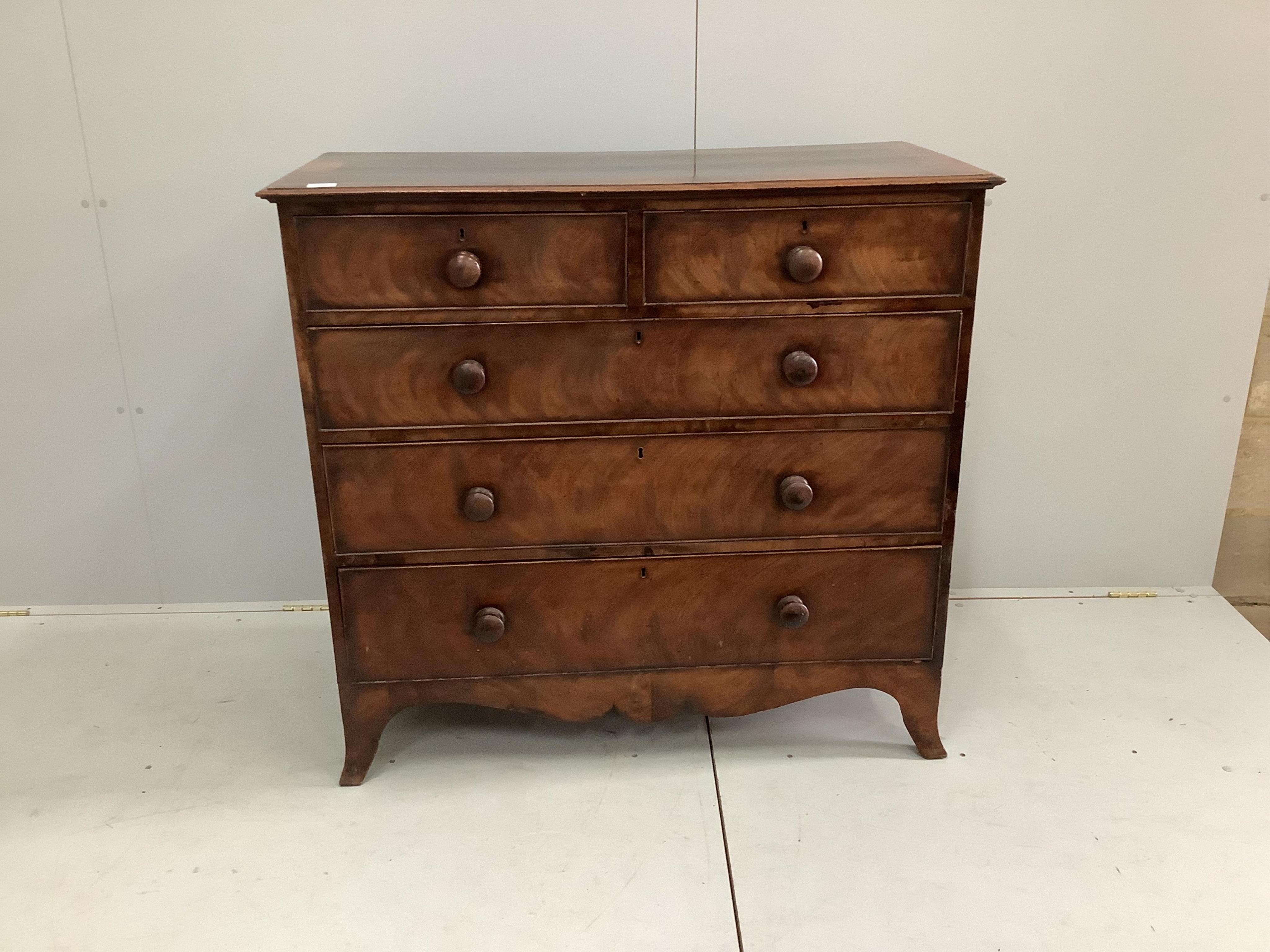 A George IV rosewood banded mahogany chest of two short and three long drawers, on splay feet, width 109cm, depth 50cm, height 103cm. Condition - fair